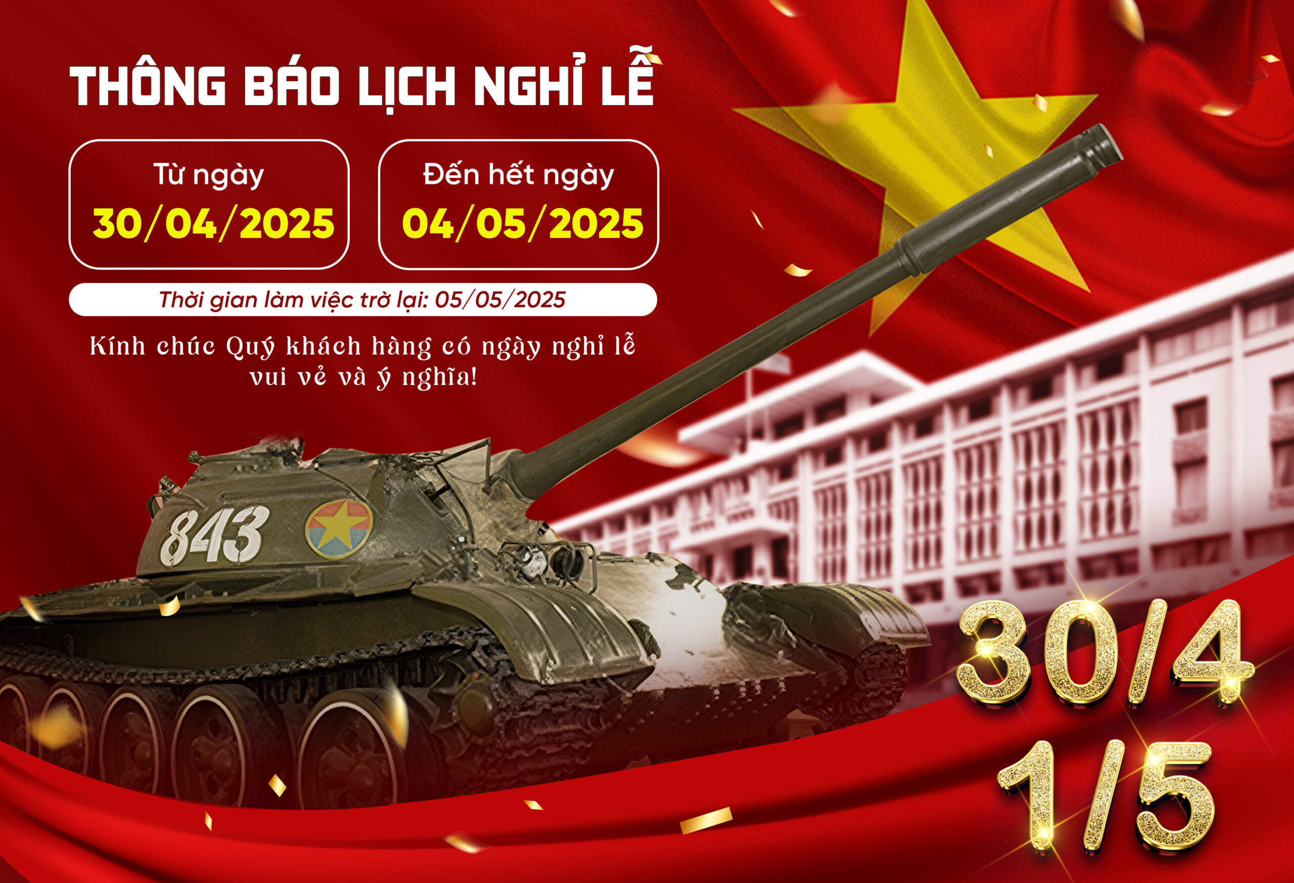 CHÀO MỪNG NGÀY GIẢI PHÓNG MIỀN NAM 30/04 & QUỐC TẾ LAO ĐỘNG 01/05 Tbao Nghi 30415 Scaled