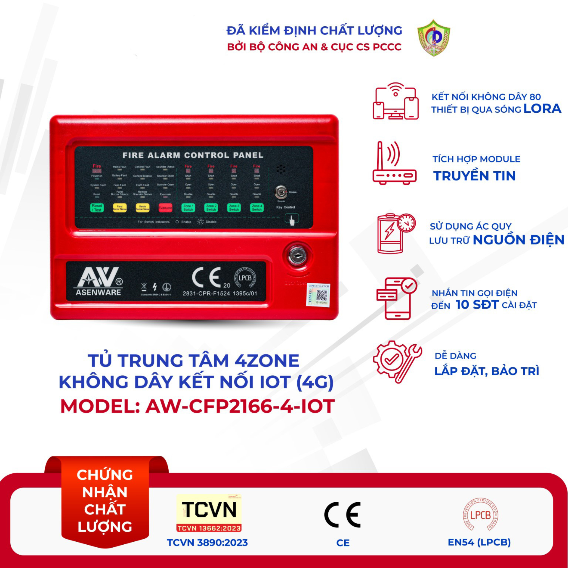 Tủ trung tâm 04 Zone báo cháy không dây tích hợp IOT Safeone Viettel